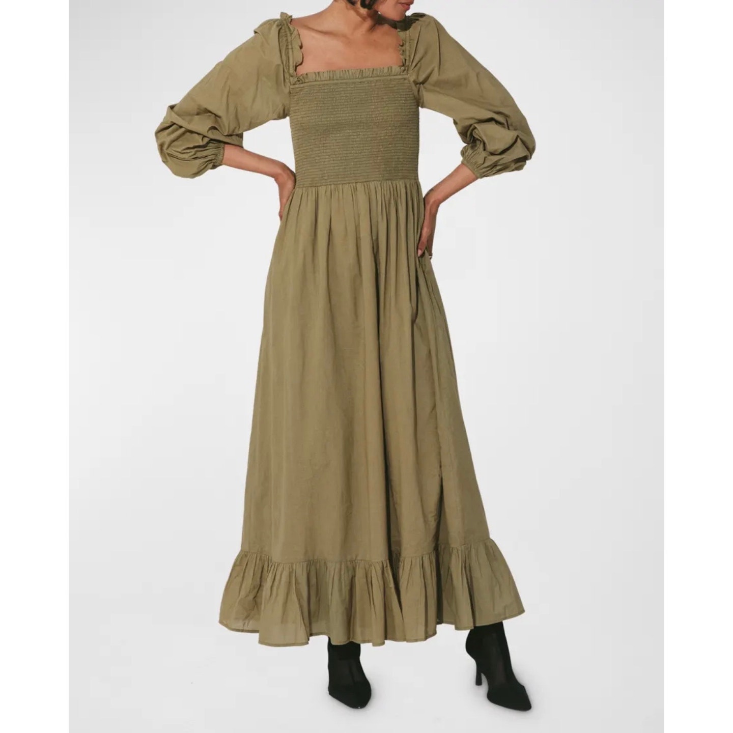 New Cleobella Lennox Olive Green Smocked Maxi Dress Puff Sleeve Small Nwt Boho